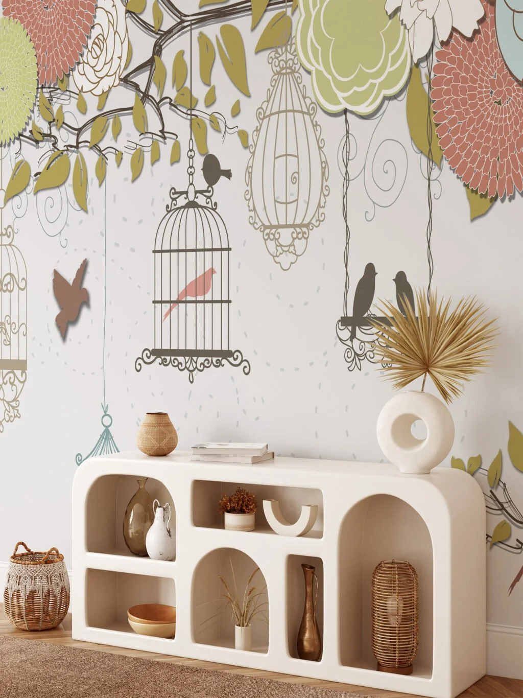 Illustrated Flowers and Birdcages Wallpaper, Playful and Charming Peel and Stick Wall Mural, Self Adhesive Removable Wallpaper for a Whimsical Home Decor