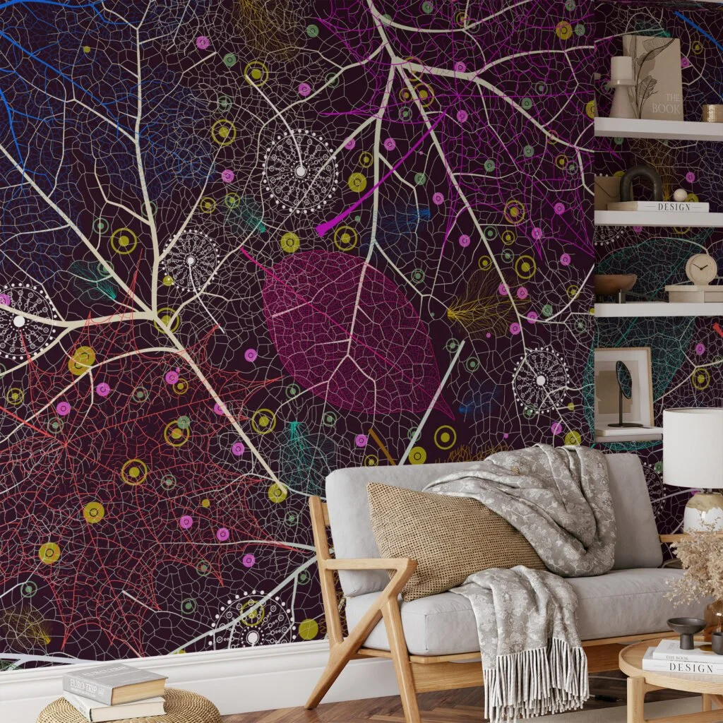 Colorful Abstract Leaves with Artistic Venation on Dark Background - Peel and Stick Self-Adhesive Whimsical Wallpaper