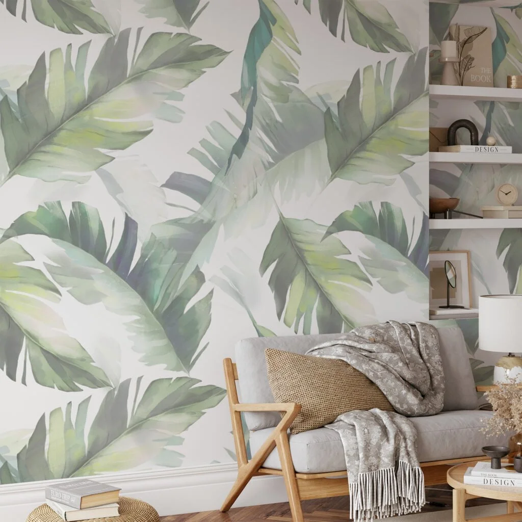 Soft and Serene Watercolor Style Leaves on White Background - Self-Adhesive Peel and Stick Green Wallpaper for a Modern and Relaxing Atmosphere