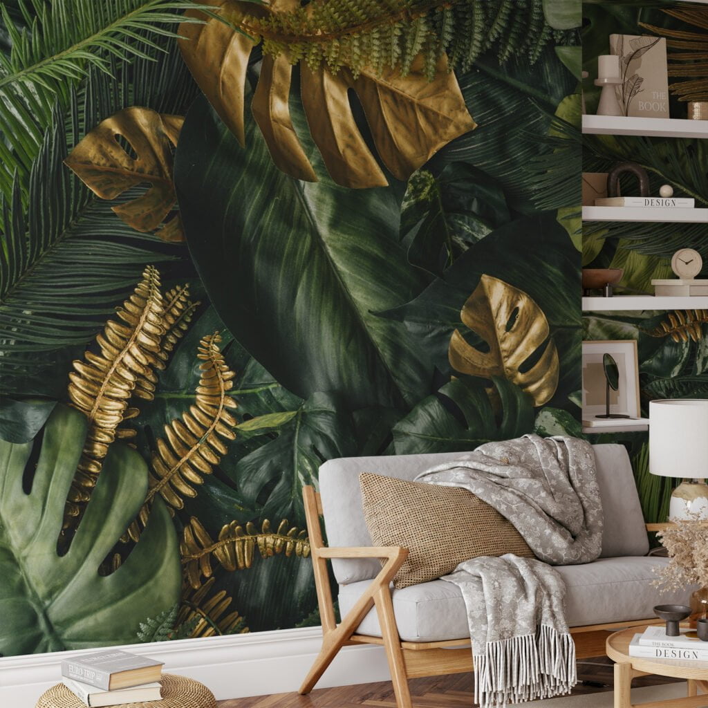 Vibrant Golden and Green Tropical Leaves on Jungle Background - Self-Adhesive Peel and Stick Botanical Wallpaper to Create a Lush Escape