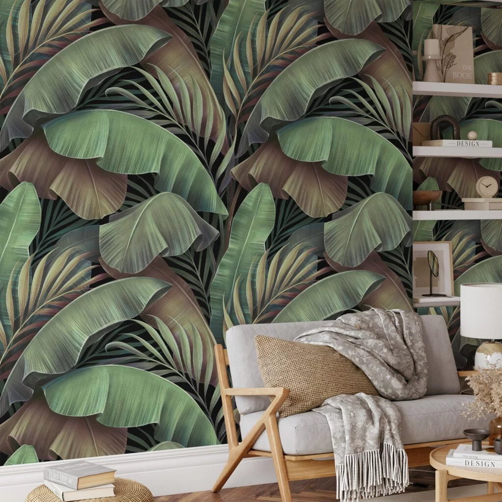 Lush Oasis with Large Tropical Green Banana Leaves Pattern - Self-Adhesive Peel and Stick Green and Brown Leaf Wallpaper Inspired by Nature