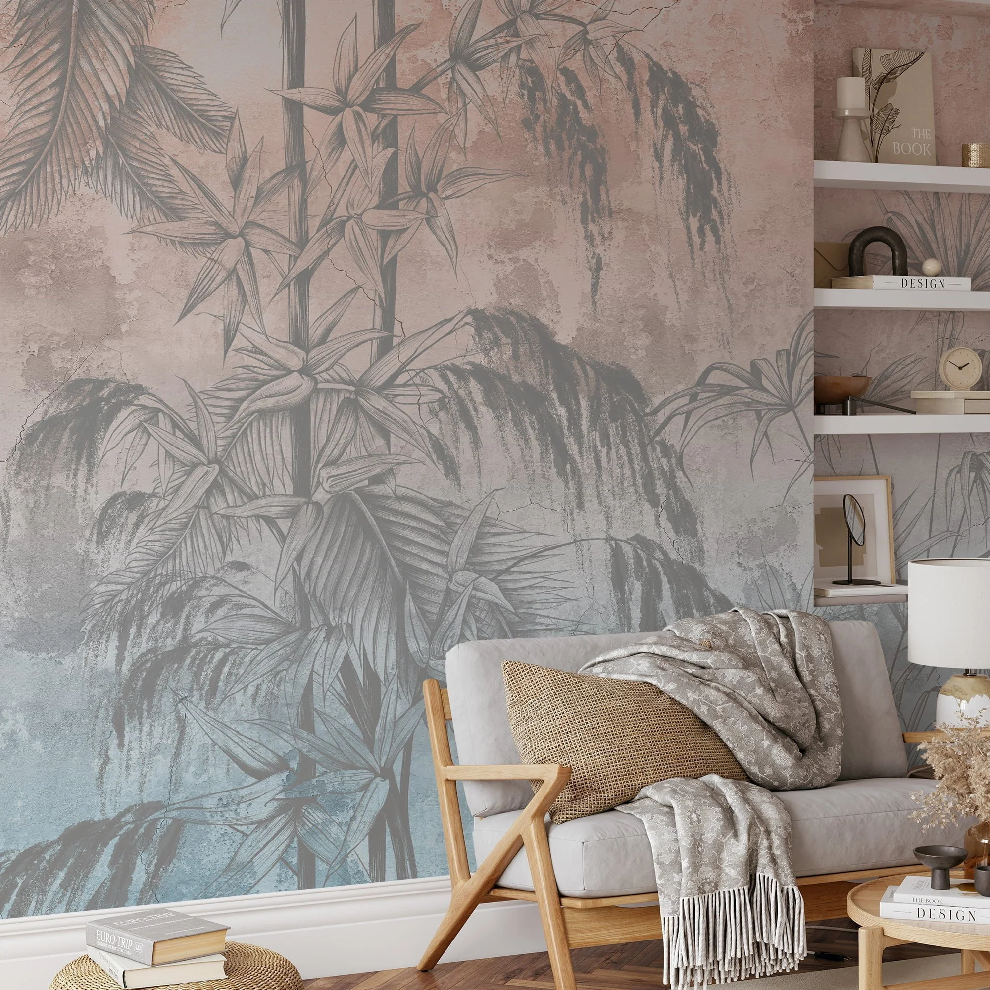 Create a Vintage Tropical Oasis with Trees and Leaves on Grunge Background - Self-Adhesive Peel and Stick Blue Pink Wallpaper Mural to Bring Nature Indoors