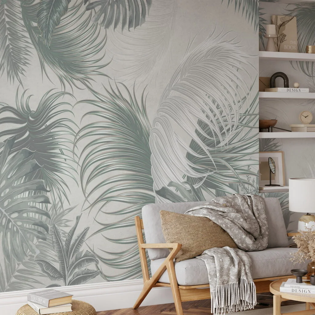 Create a Relaxing Oasis with Muted Green Colored Tropical Leaves on a Light Green Background - Self Adhesive Modern Wall Mural