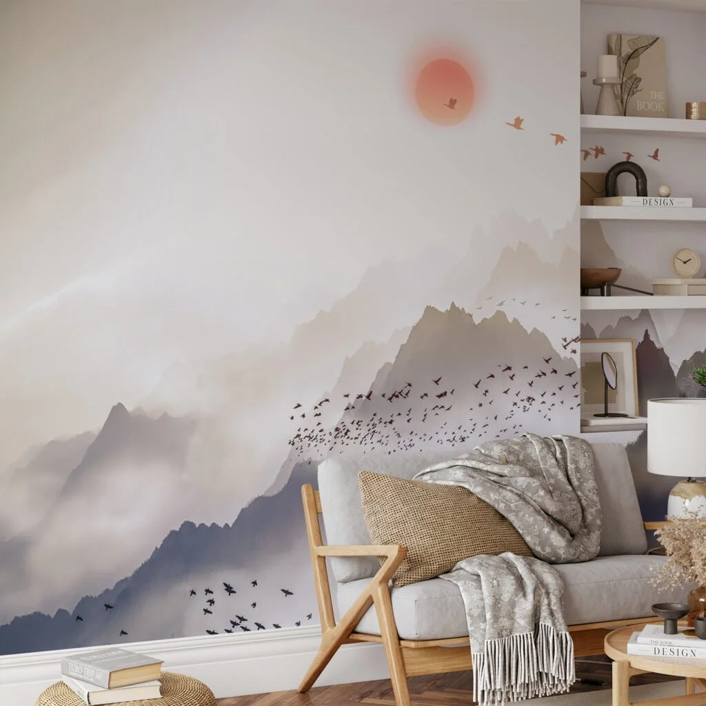 Tranquil Nature Wallpaper with Misty Mountains and Soaring Birds for a Peaceful and Serene Home Ambiance