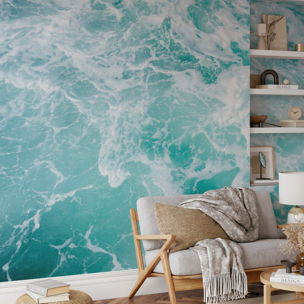 Refreshing Aqua Ocean with Sea Foam Wallpaper for a Calming and Tranquil Home Ambiance