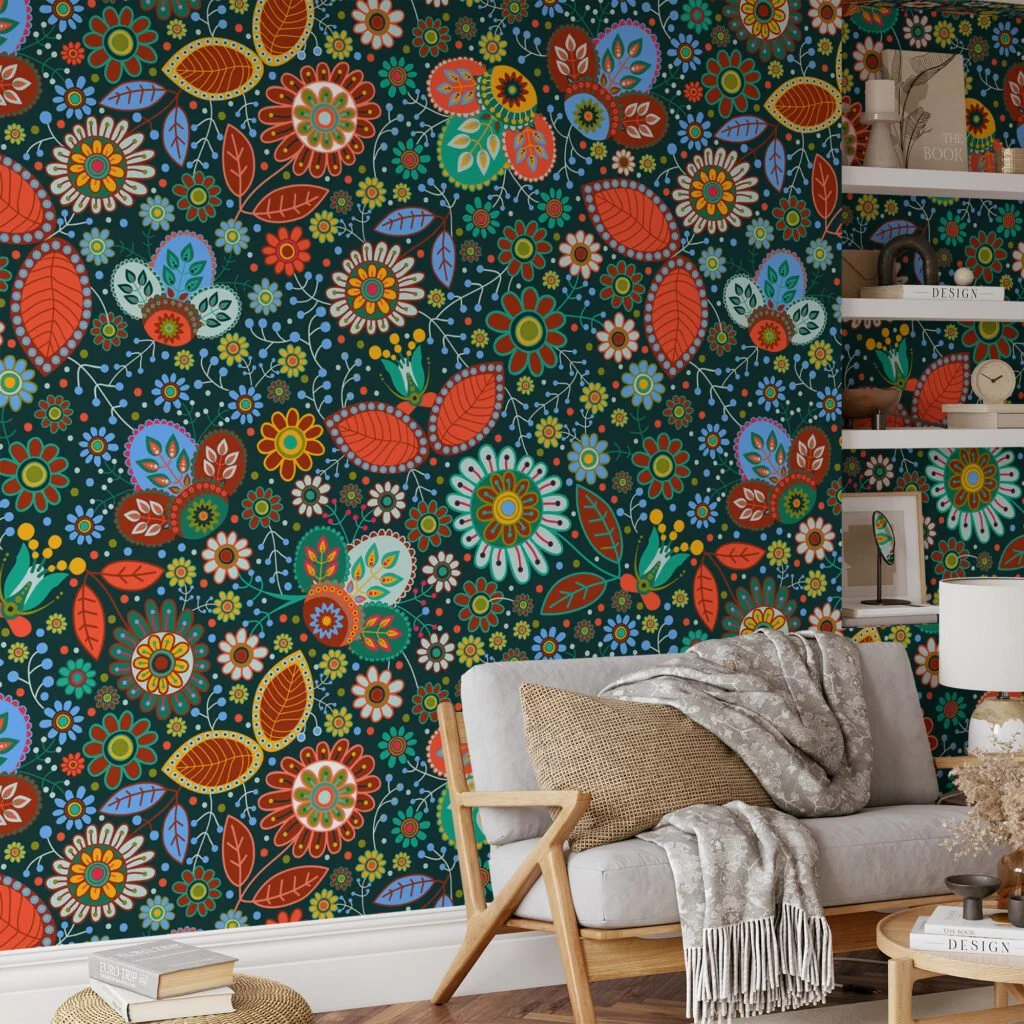 Colorful Flowers in Traditional Style Wallpaper - Floral Illustration with Multiple Colors and Textures Wall Mural