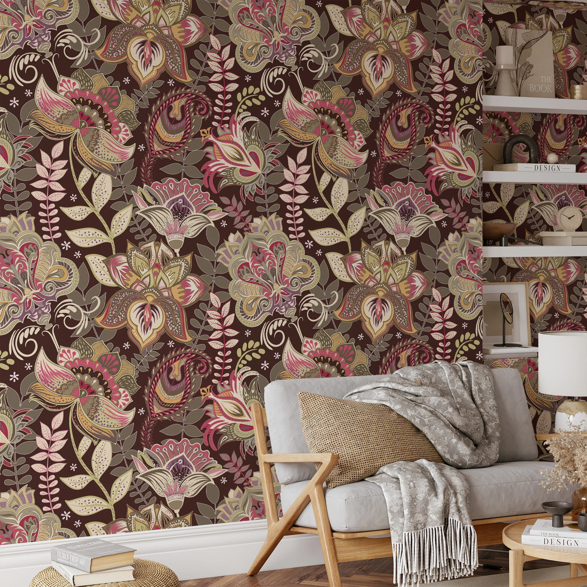 Oriental Vintage Style Floral Illustration Wallpaper - Antique Style Oriental Floral Pattern with Soft Colors and Delicate Details