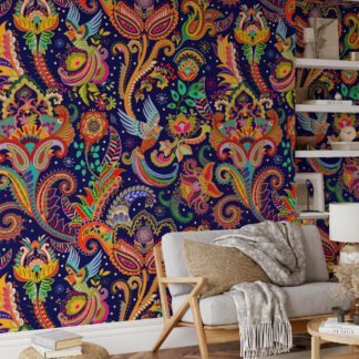 Create a Traditional and Colorful Atmosphere with Our Floral Illustration Wallpaper - Peel and Stick, Self-Adhesive, Durable, Modern Wallpaper