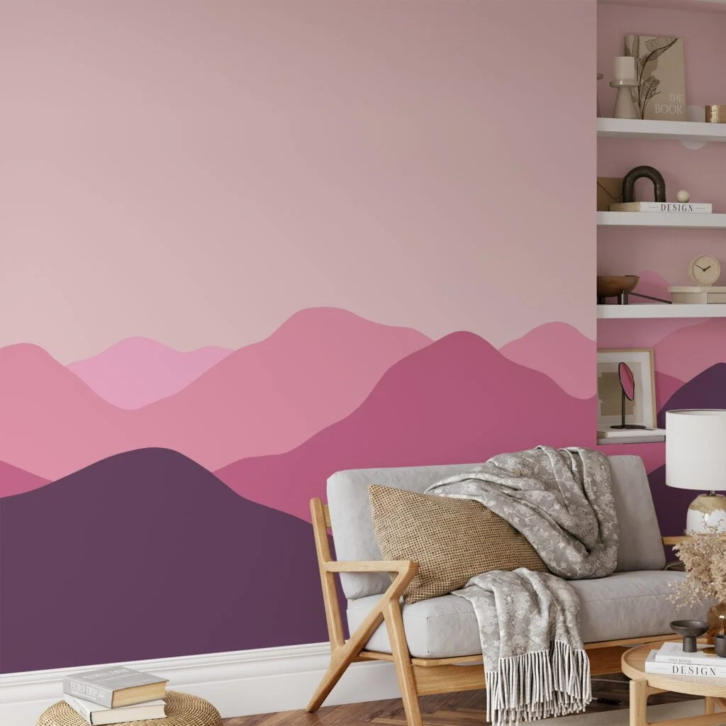 Minimalistic Abstract Mountains Wallpaper with Pink and Purple Hues for a Contemporary and Chic Home Decor