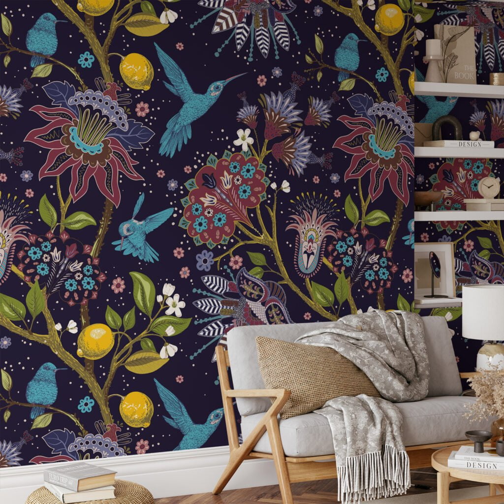 Floral and Aqua Hummingbird Wallpaper - Traditional Design with a Modern Twist