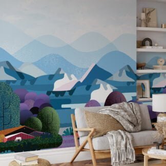 Abstract Blue Snowy Mountains Illustration with Multicolored Forest Wallpaper for a Unique and Contemporary Home Decor