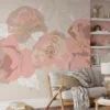Elegant Pink Peony Roses with Golden Line Art Wallcovering for a Chic and Luxurious Decor