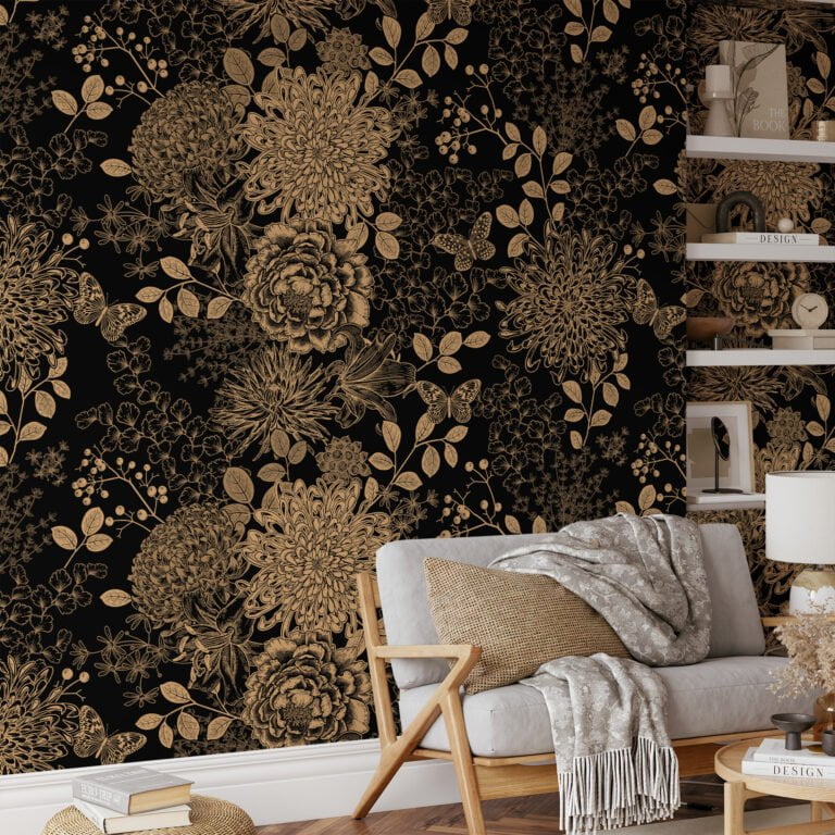 Vintage-Inspired Peonies and Chrysanthemums Illustration Wall Mural for ...