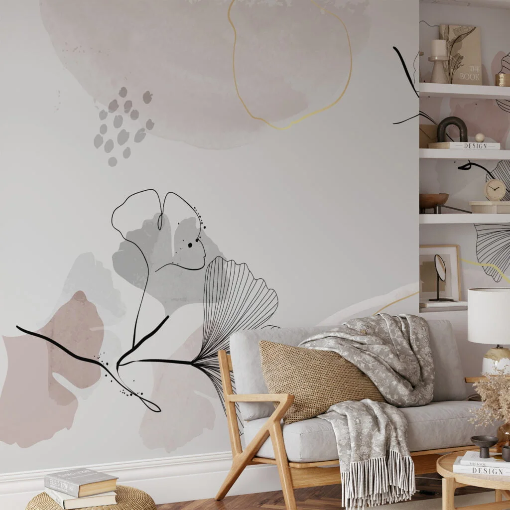 Exquisite Minimalist Grey and Nude Wallpaper with Delicate Floral Line Art for a Timeless Appeal