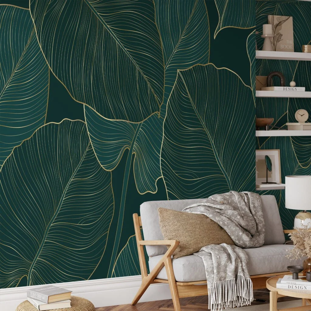 Stunning Dark Green Monstera Leaves with Golden Line Art - Self-Adhesive Peel and Stick Nature Wallpaper for a Bathroom or Kitchen Refresh