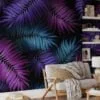 Add a Bold Pop of Color with Purple Fuchsia and Aqua Colored Large Tropical Leaves - Self-Adhesive Peel and Stick Dark Floral Wallpaper for a Vibrant Space