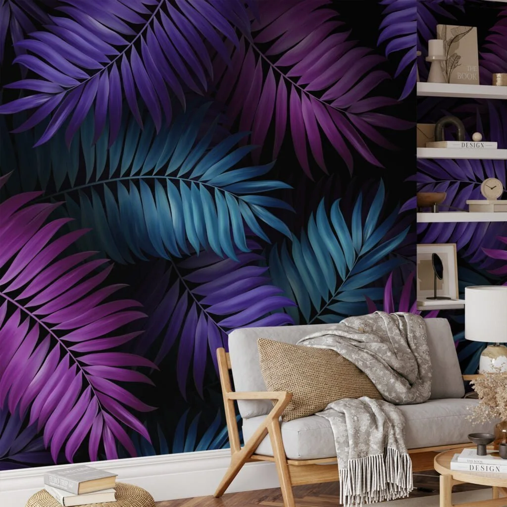 Add a Bold Pop of Color with Purple Fuchsia and Aqua Colored Large Tropical Leaves - Self-Adhesive Peel and Stick Dark Floral Wallpaper for a Vibrant Space