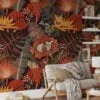 Autumnal Leaves Illustration Wallpaper with Foxes for a Rustic and Cozy Home Ambiance