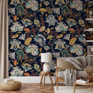 Bold Oriental Flower Pattern on Dark Background - High-Quality Wall Mural for Your Home or Office