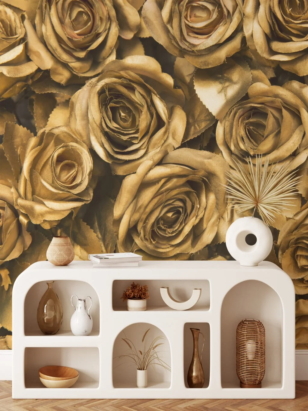 Large Golden Roses Wallpaper, Elegant and Luxurious Peel and Stick Wall Mural, Self Adhesive Removable Wallpaper for a Glamorous Accent Wall