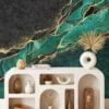 Opulent Emerald Green and Gold Marble Textured Wallpaper for a Glamorous Interior