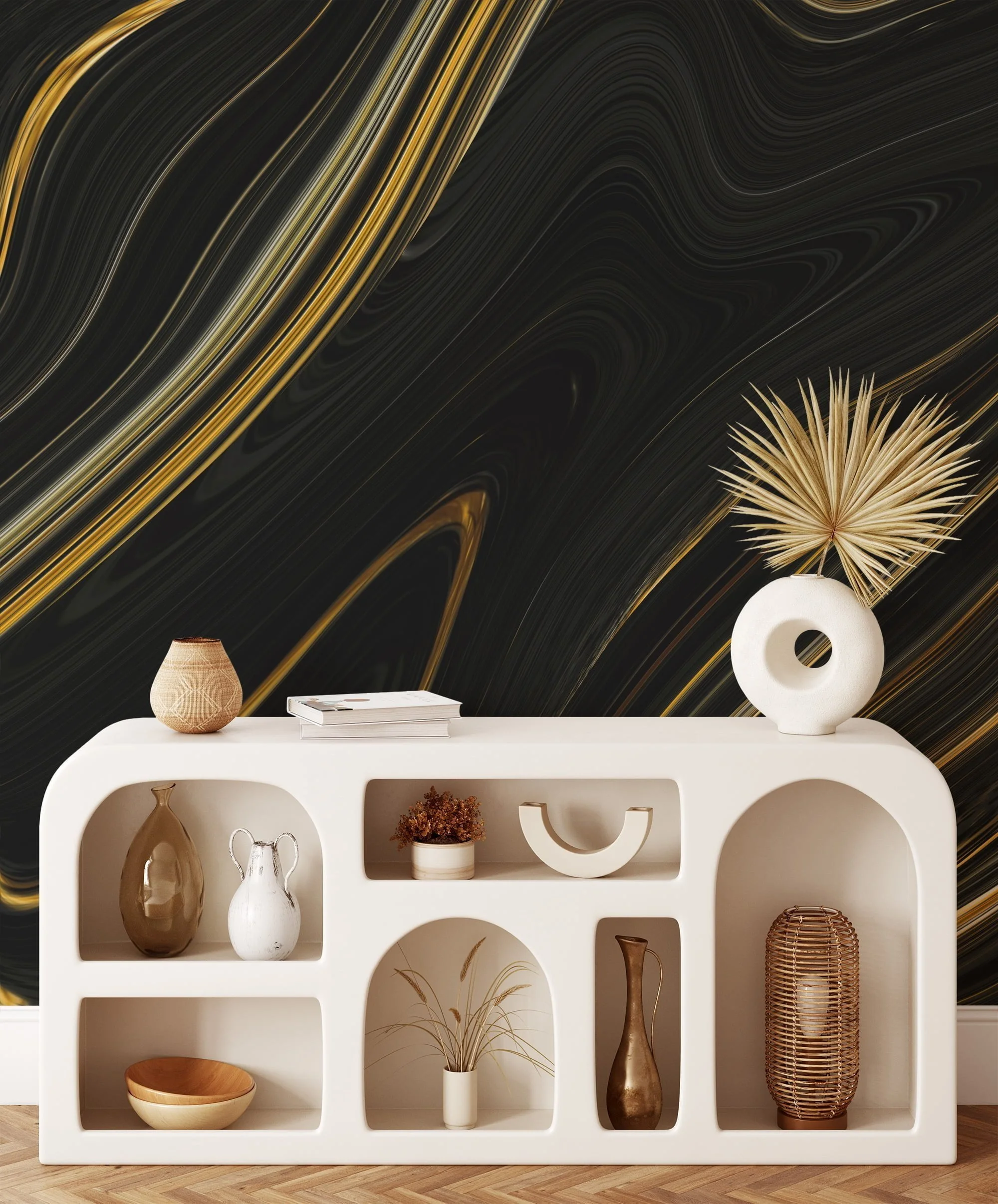Contemporary Black and Gold Fluid Abstract Wallpaper for a Modern and Stylish Look