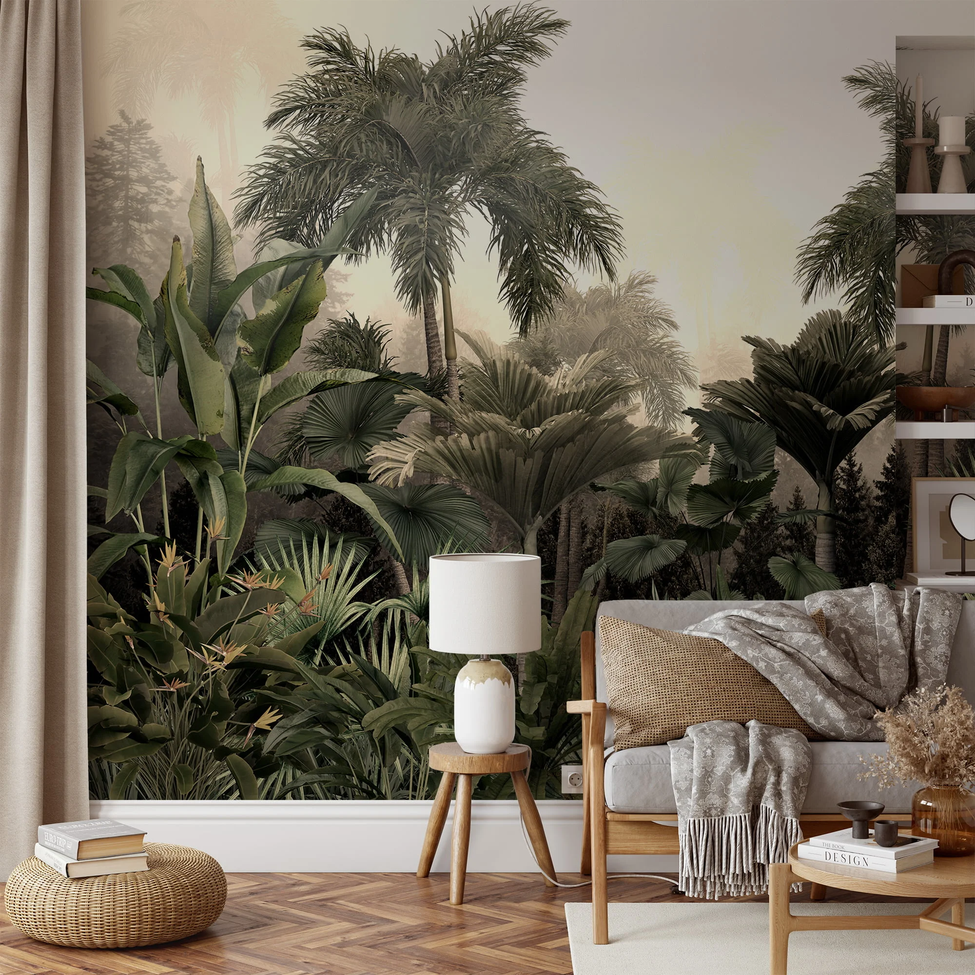 Misty Jungle Wallpaper with Lush Palm Trees and Large Leaves for a Tropical and Exotic Interior