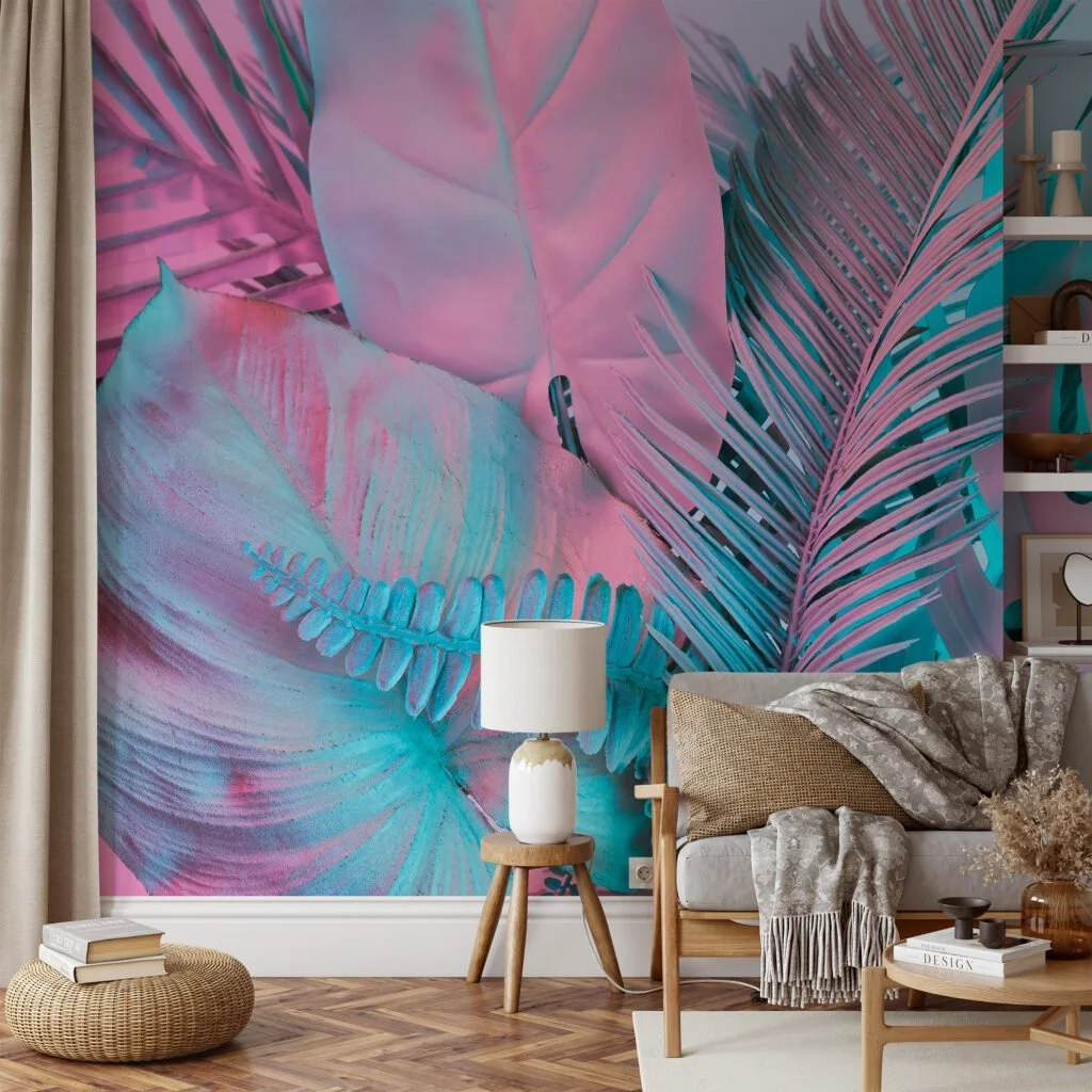 Colorful Tropical Palm Leaves in Bubble Pink and Blue - Self-Adhesive Peel and Stick Wallpaper for a Vibrant Bathroom or Any Room