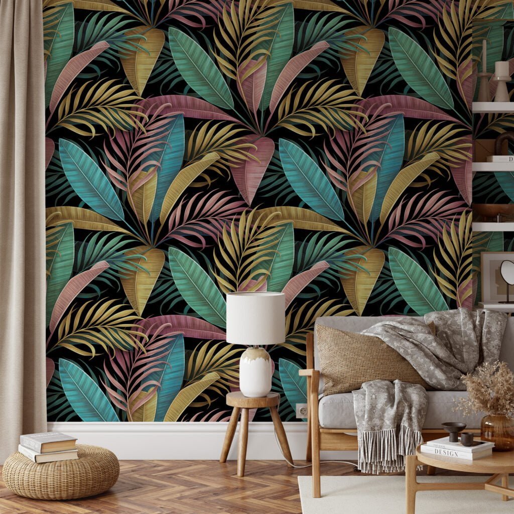 Add a Splash of Color to Your Walls with this Peel and Stick Colorful Leaf Wall Mural on a Black Background