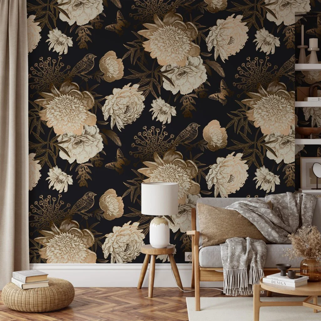 Vintage Peony Rose and Bird Illustration Wallcovering for a Classic and Elegant Look