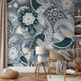 Cool Toned Grey Background Wallpaper with Delicate Floral Illustration for a Sleek and Modern Decor