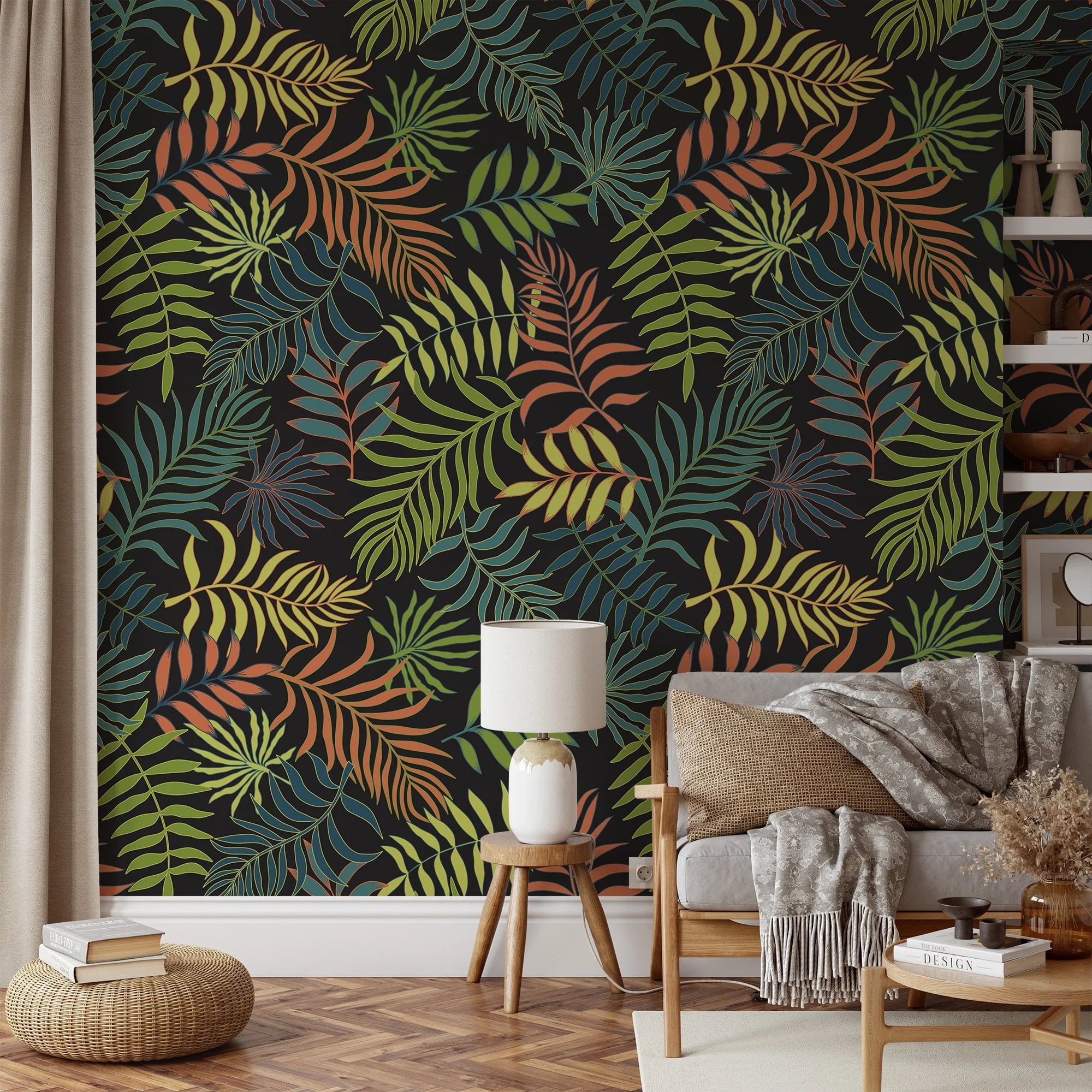 Bold and Beautiful Tropical Floral Leaves on Dark Background - Self-Adhesive Peel and Stick Fern Wallpaper with Botanical Charm