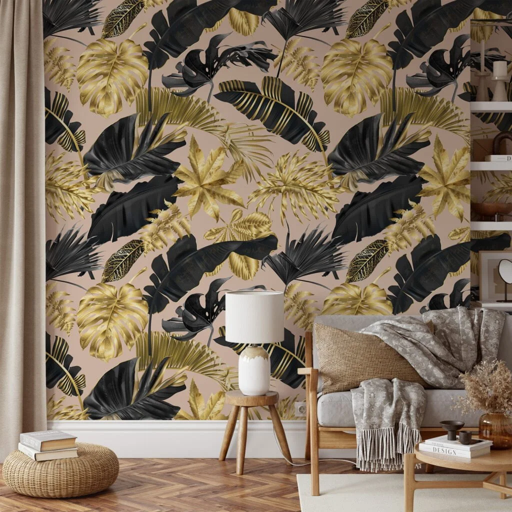 Luxurious Gold and Black Tropical Leaves on Peach Pink Background - Self-Adhesive Peel and Stick Modern Wallpaper for a Touch of Elegance