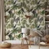 Lush Leaves and Exotic Animal Illustration Wallpaper for a Wild and Vibrant Home Decor