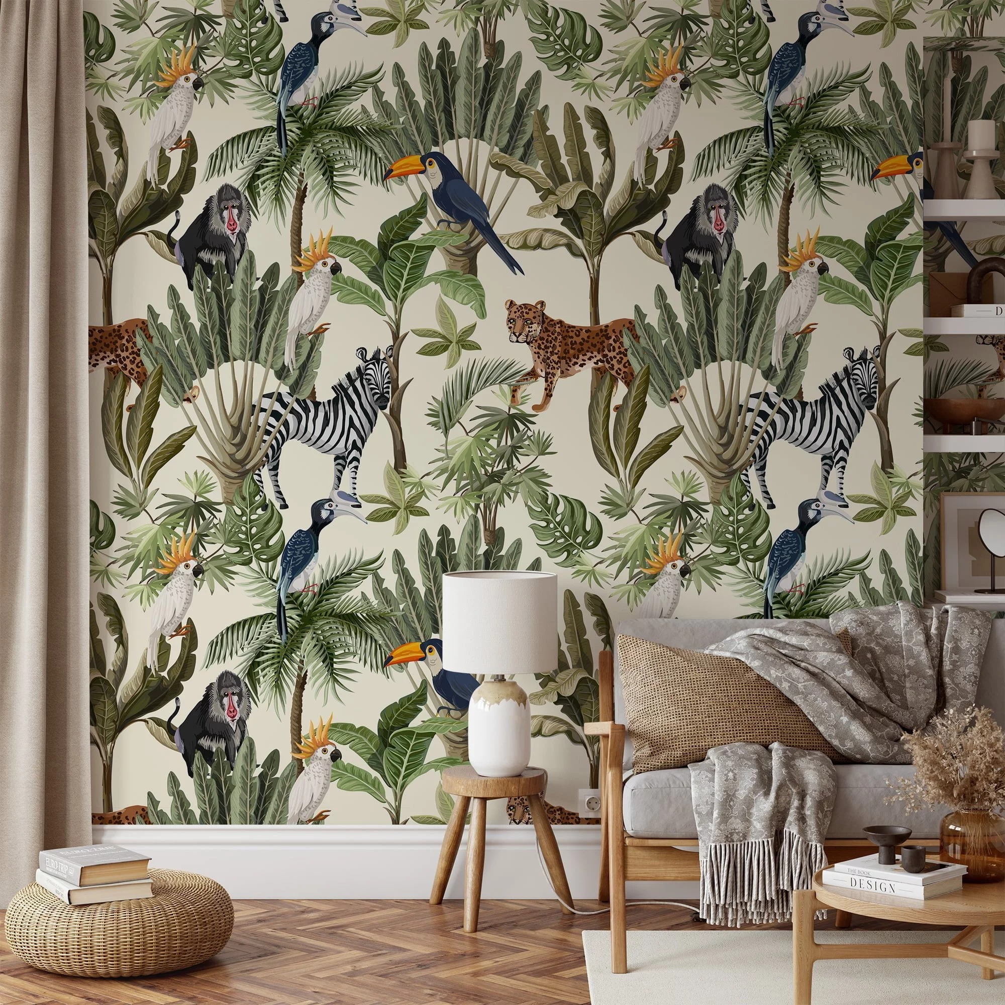 Lush Leaves and Exotic Animal Illustration Wallpaper for a Wild and Vibrant Home Decor