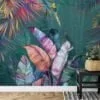 Tropical Paradise: Dark Green Leaf Wallpaper with Colorful Leaves and Self-Adhesive Design