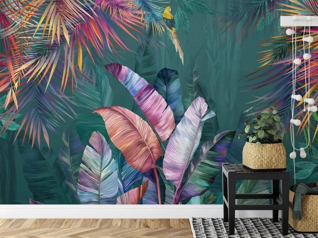 Tropical Paradise: Dark Green Leaf Wallpaper with Colorful Leaves and Self-Adhesive Design