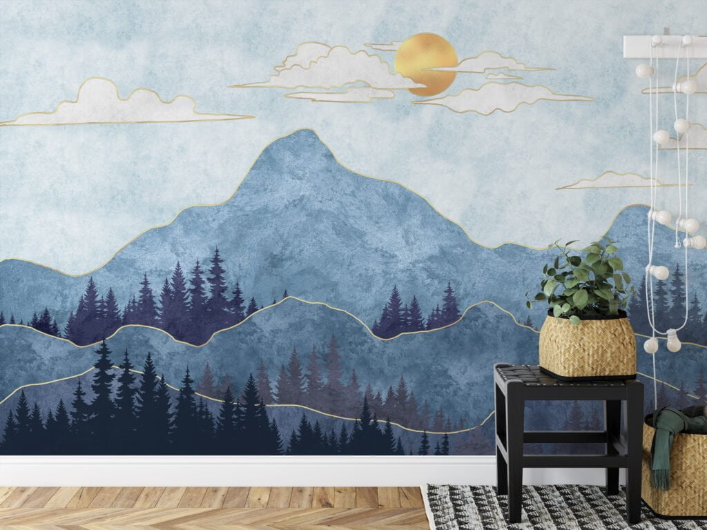Abstract Blue Mountains with Textured Stone Wallpaper for a Modern and Chic Home Ambiance