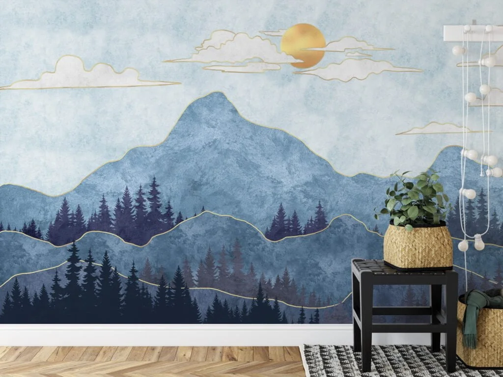 Abstract Blue Mountains with Textured Stone Wallpaper for a Modern and Chic Home Ambiance