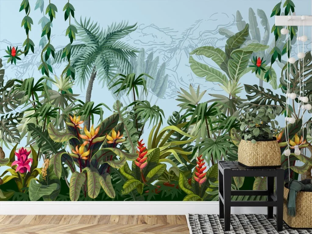 Tropical Jungle Forest Illustration with Soft Blue Background Wallpaper for a Calming and Serene Oasis