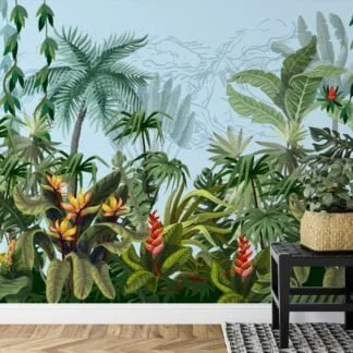 Tropical Jungle Forest Illustration with Soft Blue Background Wallpaper for a Calming and Serene Oasis