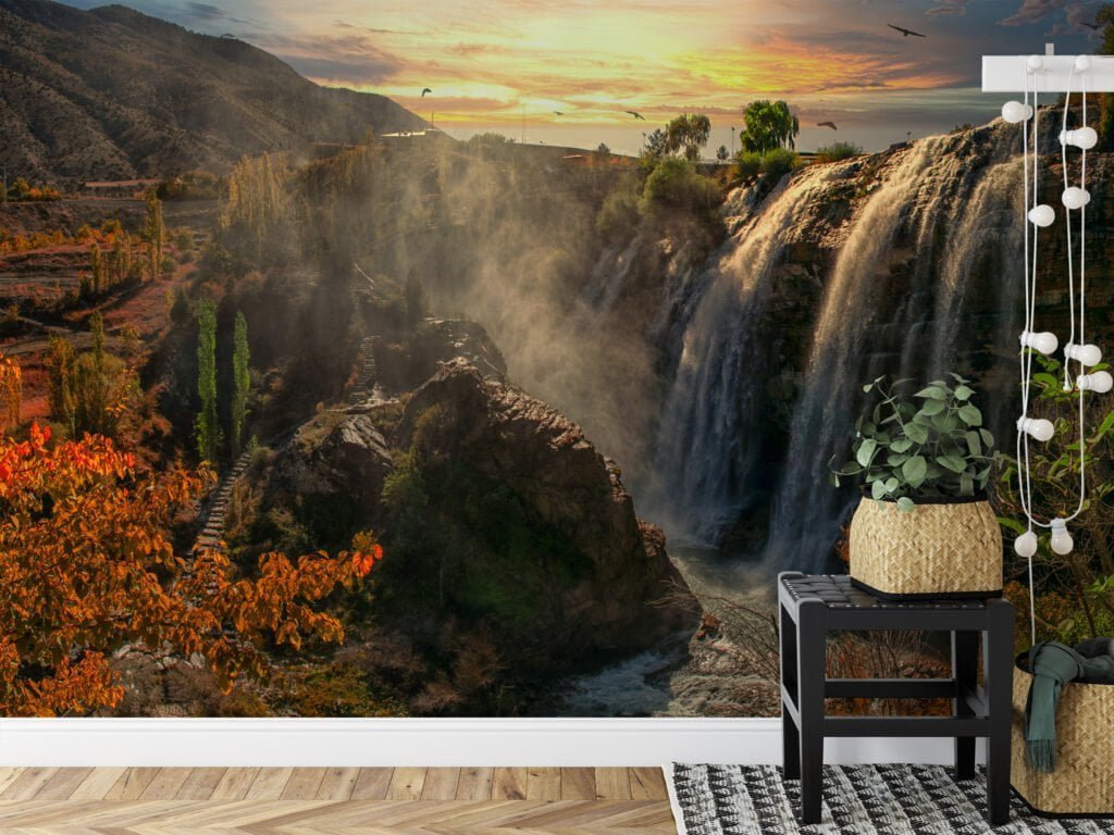 Breathtaking Waterfall Wallpaper with Majestic Mountains and a Radiant Sunset for a Serene and Scenic Home Ambiance