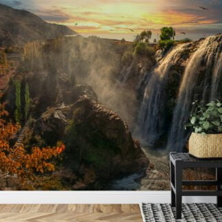 Breathtaking Waterfall Wallpaper with Majestic Mountains and a Radiant Sunset for a Serene and Scenic Home Ambiance