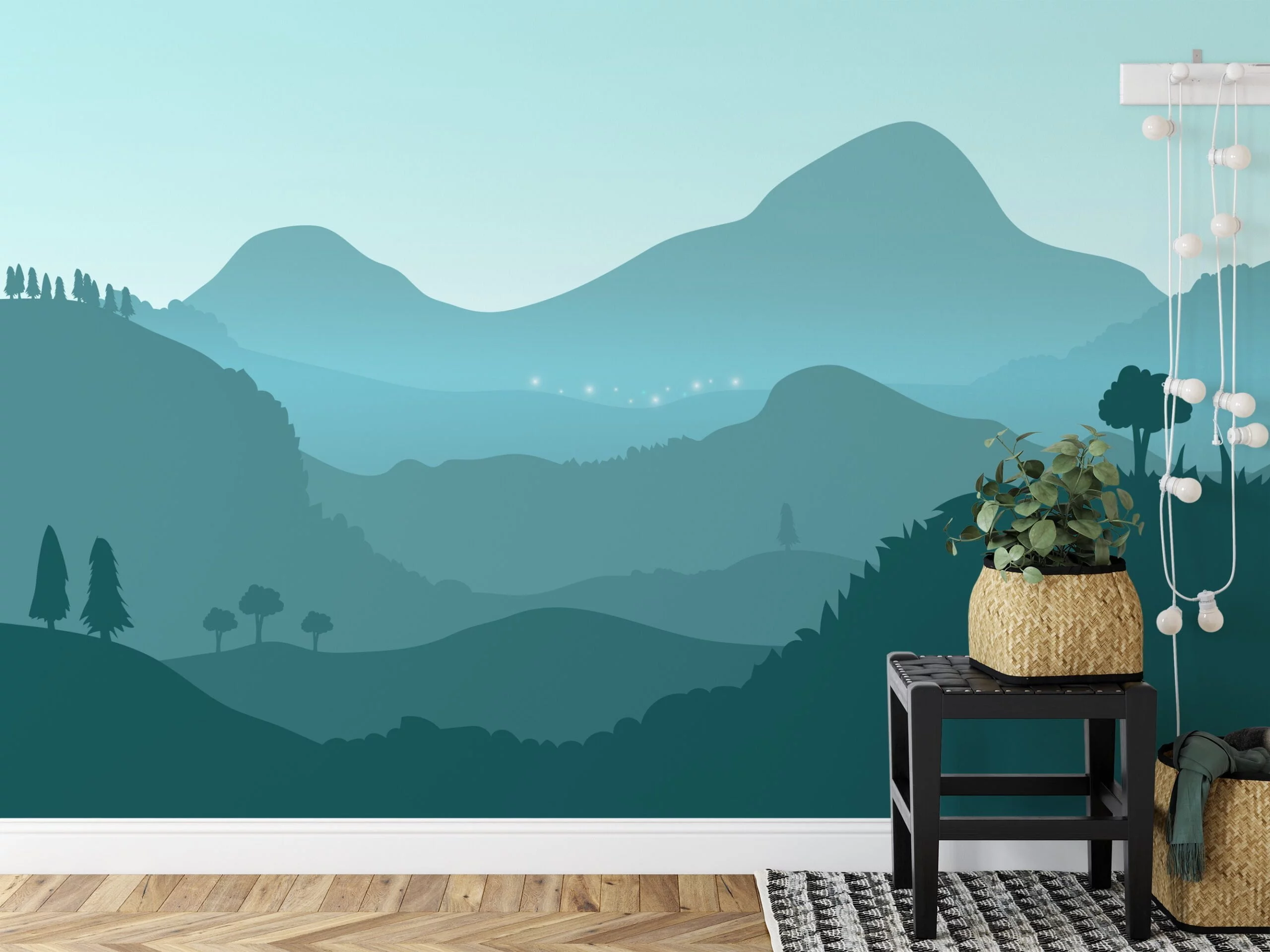Contemporary Teal Colored Abstract Mountains Illustration Wallpaper for a Chic and Modern Home Ambiance