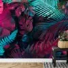 Vibrant Neon Pink and Blue Tropical Leaves - Self-Adhesive Peel and Stick Monstera Leaf Wallpaper to Brighten Any Space