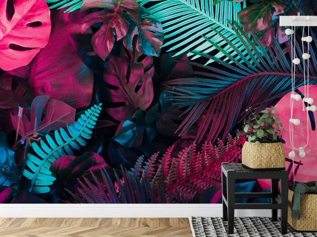 Vibrant Neon Pink and Blue Tropical Leaves - Self-Adhesive Peel and Stick Monstera Leaf Wallpaper to Brighten Any Space