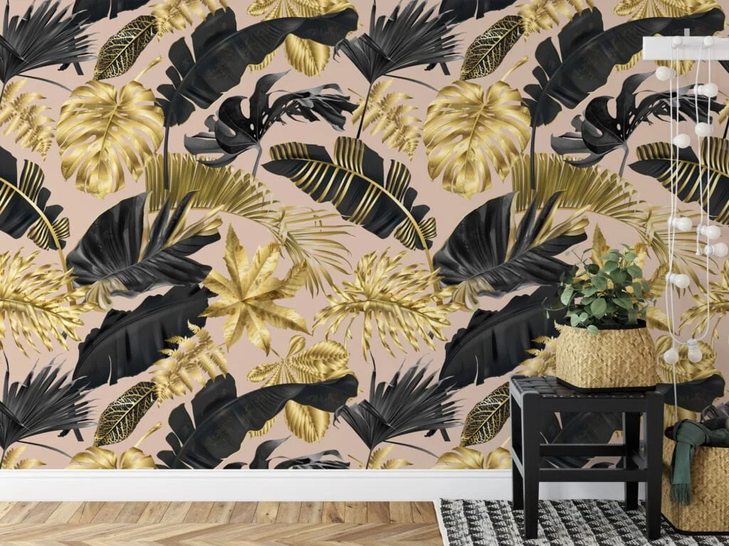 Luxurious Gold and Black Tropical Leaves on Peach Pink Background - Self-Adhesive Peel and Stick Modern Wallpaper for a Touch of Elegance