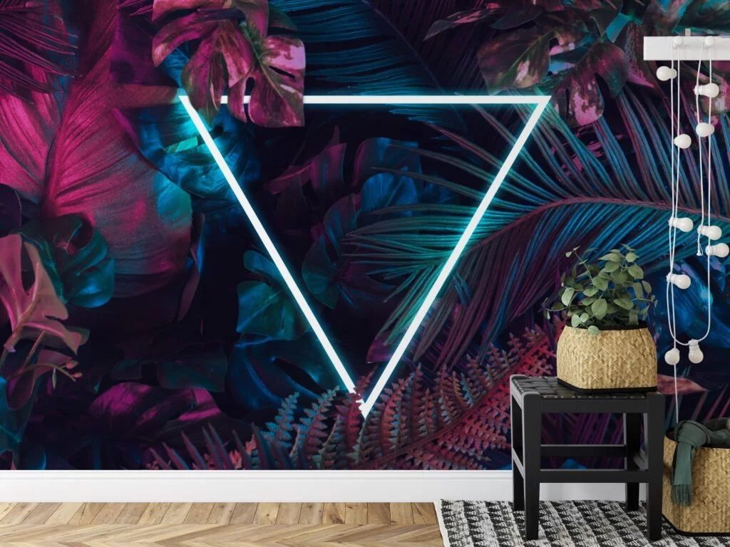 Vibrant Neon Pink and Blue Tropical Leaves with a Centered Triangle Light - Self-Adhesive Peel and Stick Geometric Wallpaper with Botanical Flair