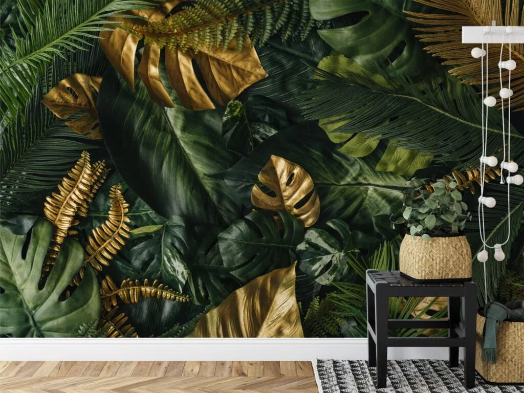 Vibrant Golden and Green Tropical Leaves on Jungle Background - Self-Adhesive Peel and Stick Botanical Wallpaper to Create a Lush Escape