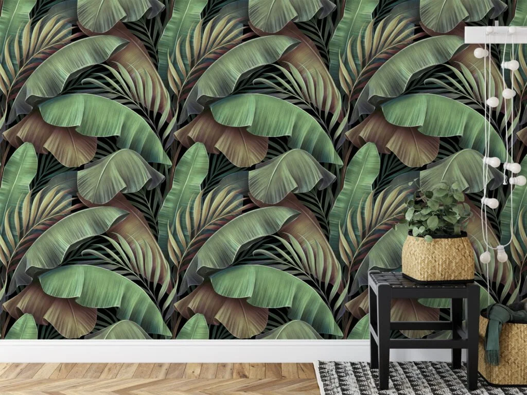 Lush Oasis with Large Tropical Green Banana Leaves Pattern - Self-Adhesive Peel and Stick Green and Brown Leaf Wallpaper Inspired by Nature